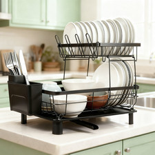 2 Tier Dish Drainer Rack with Drip Tray Sink Drainer Glass Holder&Chopping Black