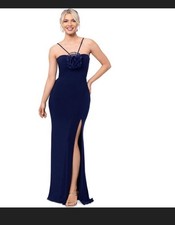 Xscape Womens Blue Rosette Halter Gown Size 4