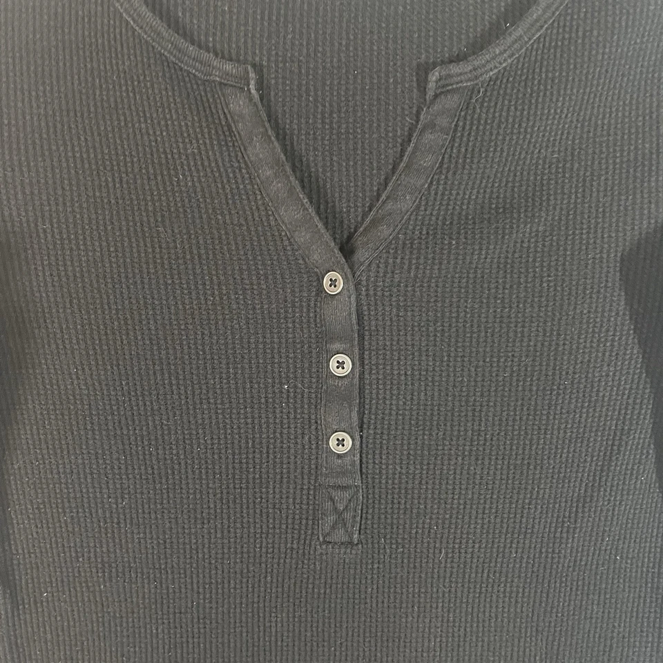 Vintage Y2K Malha Waffle Glória Desbotada Henley Preta Feminina Tamanho Xs Manga Longa - Imagem 2 de 4