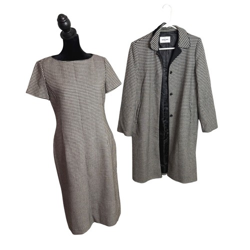 Vintage Marie Claire Paris Houndstooth Wool Dress and Long Coat Set Size XS