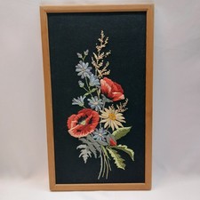 VTG Cottage Core Wildflowers Crewel Embroidery Gallery Art Framed Handmade