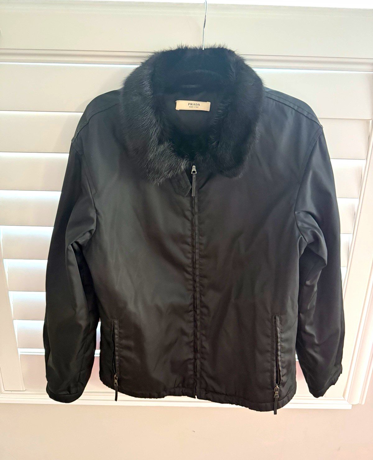 Prada, Vintage Prada Black Nylon Jacket Genuine Mink Fur Collar IT 42 Made in Italy