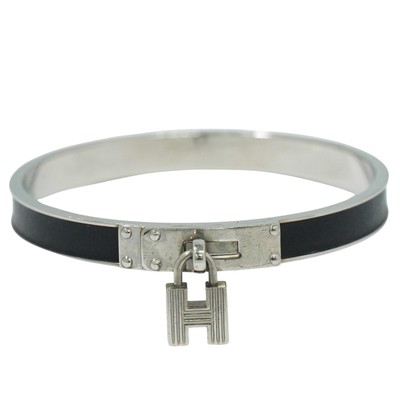 HERMES Kelly Bangle Bracelet Leather Silver-tone Metal Black 19.5cm