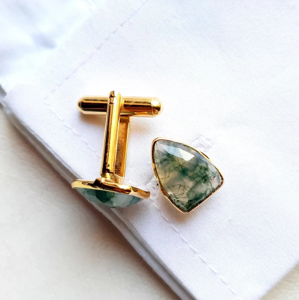 Moos Achat Manschettenknöpfe IN 18k Gold – Elegant Grün Edelstein für Herren - Bild 2 von 4