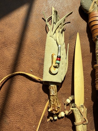 Native American Style Stone War Club, Fixed Blade Knife & Carved Sheath Set