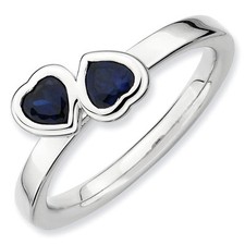 Silver Stackable Ring 2 Heart Created Sapphire Stones, September Ring QSK406