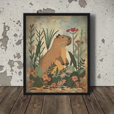 Retro CAPYBARA FLOWER Wall Art, Botanical Floral Wildlife Rodent Nature Poster