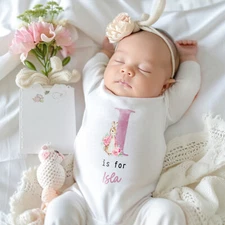 Personalised Pink Bunny Rabbit Name Initial Girl / Boy Baby Grow Bodysuit Vest