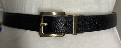 Brand New Michael Kors Genuine Leather Reversible Belt Black Gold Tone Buckle MICHAEL KORS REVERSIBLE BELT BLK MK LOGO & BLK GOLDTONE MK  main image 4
