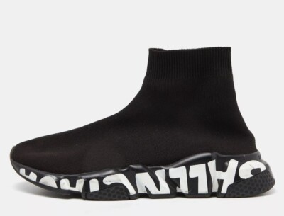 New Balenciaga Black Knit Fabric Speed Trainer High Top Sneakers