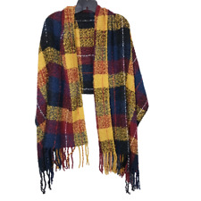 Womens Shawl Wrap Scarf 27 x 68 Plaid Yellow Blue Red Fringe Soft Knit