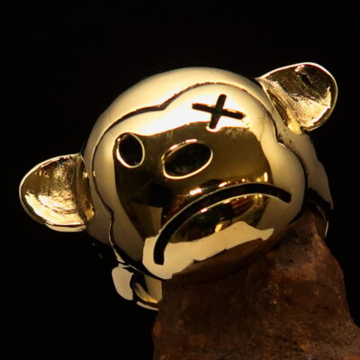 MENS TOY BIKER RING SAD TEDDY BEAR FACE WITH X EYE SIZE 10 - SOLID BRASS