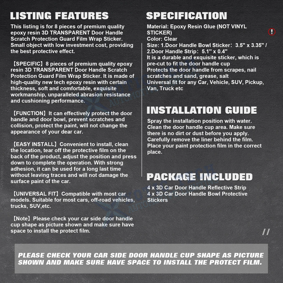 8x Transparente Transparente Manija de Puerta Tazón Tira Calcomanías Película Protectora Universal para Coche Foto 2 de 4