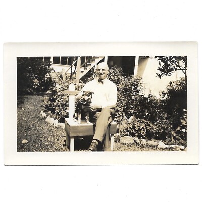 Antique Photo Older Bald Man w Puppy Outside Garden Bench Dog Pets Vintage C1930