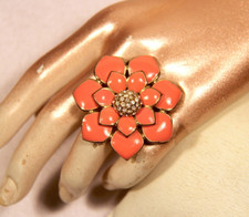 Faux Diamond Encrusted Pink Enamel Floral Petals Statement Ring Size P 1960