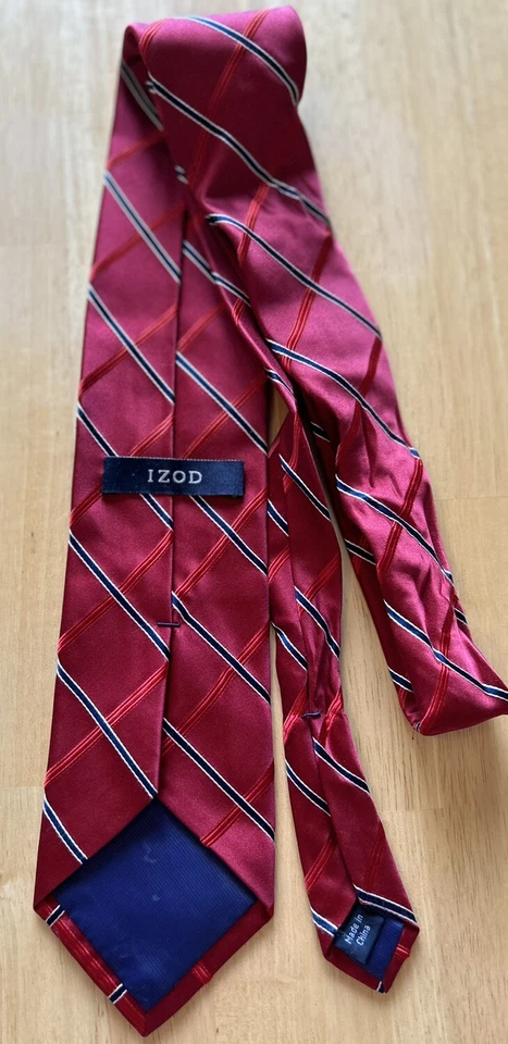 IZOD Men’s Tie 3.5” Red Black Striped Classic Designer Silk Necktie Preppy Work - Image 3 of 4