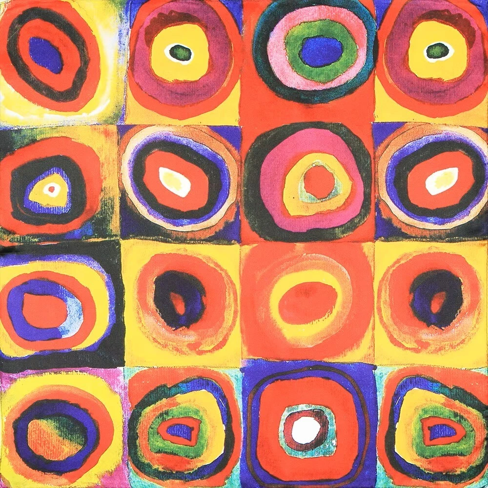 Kandinsky- Circles. 100% genuine pure natural silk. Square neck scarf.52cm-20"