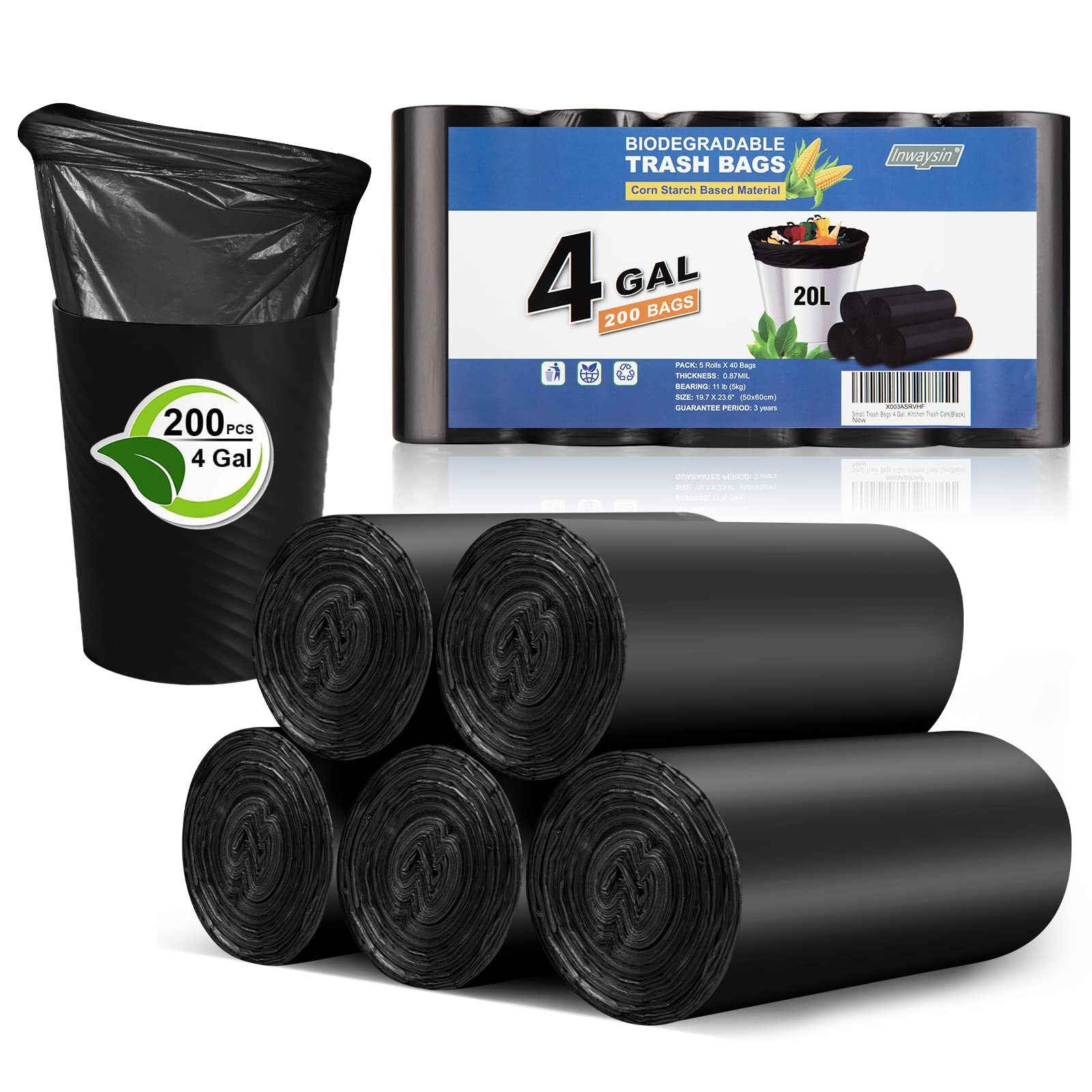 Small Trash Bags 3-5 Gallon, 200 Count Small Bathroom Trash Bags Black, Stron...