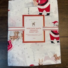 POTTERY BARN KIDS HOLIDAY HERITAGE SANTA ORGANIC COTTON PERCALE SHEET SET, TWIN