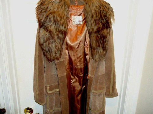 Leather England Coat Women’s Body Dyed Lamb Fur Collar Brown Lined size L - Picture 8 of 9