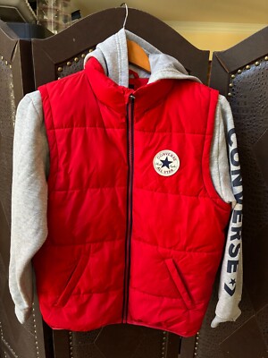 Converse All Star Lined Puffer Jacket Hoodie Boys Youth Large Logo Red/Gray