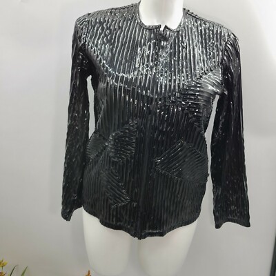 Laura Ashley Black Striped Diagonal Faux Leather Sheer Blazer Size