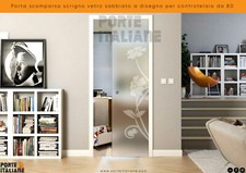 Porta scomparsa scrigno in vetro sabbiato a disegno per controtelai da 80x210 cm