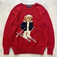 Vintage 90 s Ralph Lauren Polo Bear Ski Bear Knit Sweater Red Men s Size M Used