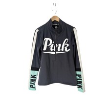 Victoria's Secret PINK Ultimate Half-Zip Pullover Grey Mint Logo Large 11094710