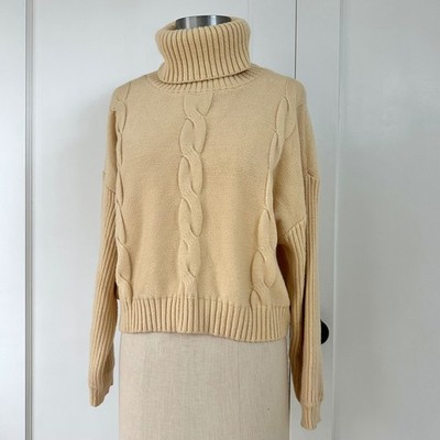 EMORY PARK Cable Knit Turtleneck Sweater Beige Cropped Relaxed Fit XS