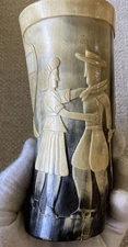Folk Art Carved Horn Cup Vase Western Cowboy Mexican? Horse