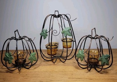 3X Yankee Candle Pumpkin Leaf Candle Holder Votive Tea Light Wrought Iron Metal