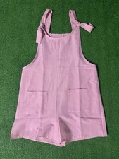 Pink linen mini romper with pockets and bow tie size S