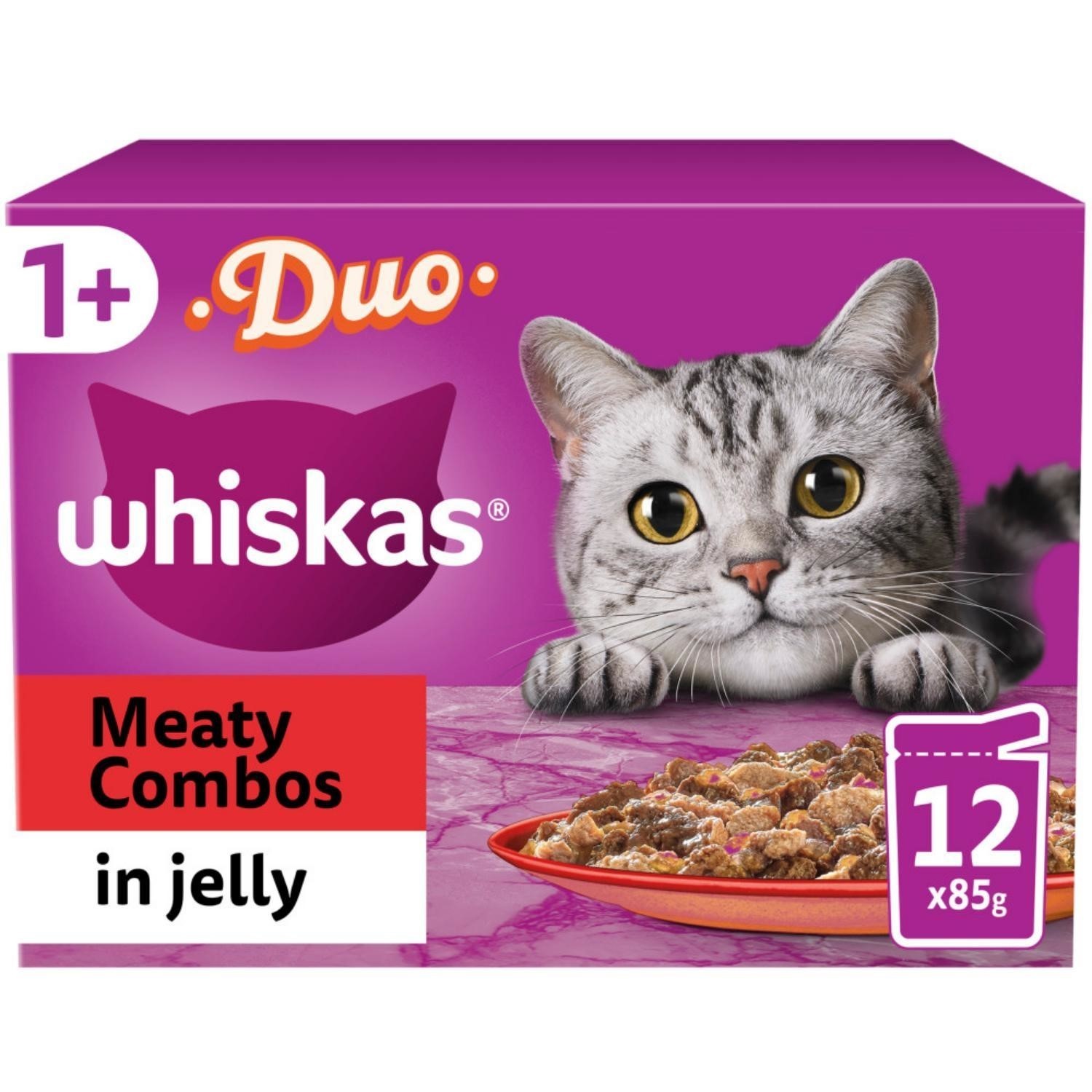 96 x 85g Whiskas 1+ Duo Meaty Combos Mixed Adult Wet Cat Food Pouches in Jelly