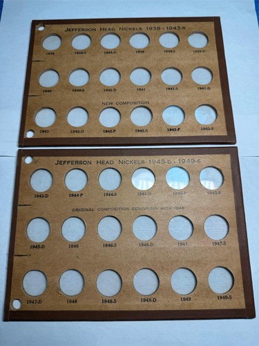(2) Vintage used WAYTE RAYMOND album pages for Jefferson Nickels 358-1A & 358-1B