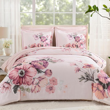 Queen Comforter Set - 7 Pieces Bed in a Bag Pink Floral Queen Comforter Set with