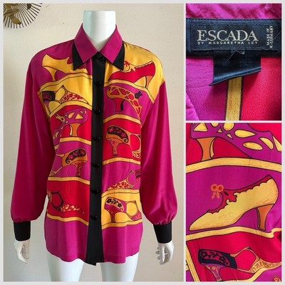 90s ESCADA Margaretha Ley Silk Colorblock Novelty Shoe Print Blouse Shirt 38 VTG