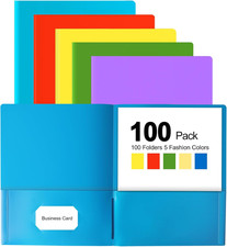 100 Folders with Pockets, 5 Color Heavy Duty Plastic Two Pocket Folder with Busi