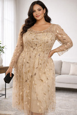Champagne Nude Dress Sheer Mesh Gold Sequin Leaf Vine Formal Party Dress