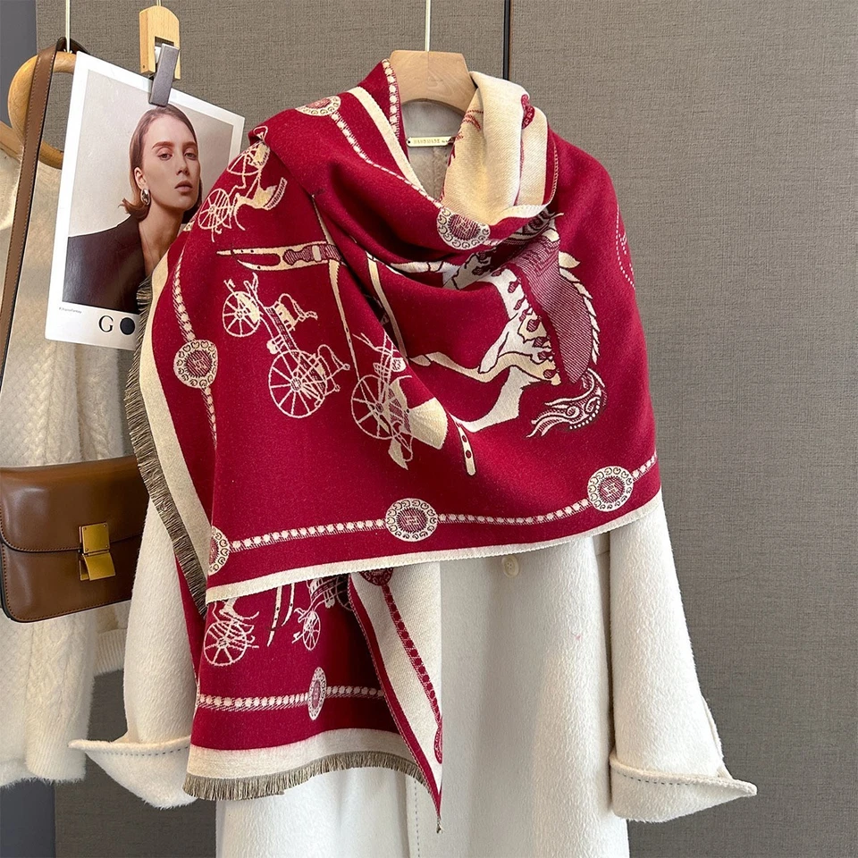 Reversible Equestrian Horse Carriage Scarf Shawl Wrap Red Burgundy Cream Cashmer - Image 2 of 4