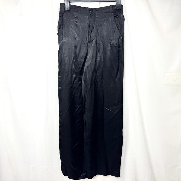 Zara Black Satin Pant/ Trousers Sz S Straight Leg Dressy Zip Button Pockets