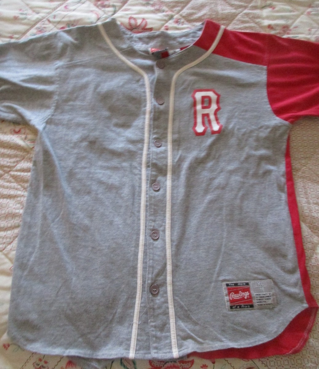 Vintage RAWLINGS Mark of a Pro Gray & Red Button Baseball Jersey 