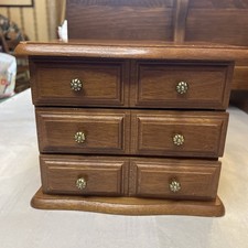 Vintage Solid Wood Wooden Jewelry Box Open Top 2 Pull Out Drawers Neutral Lining