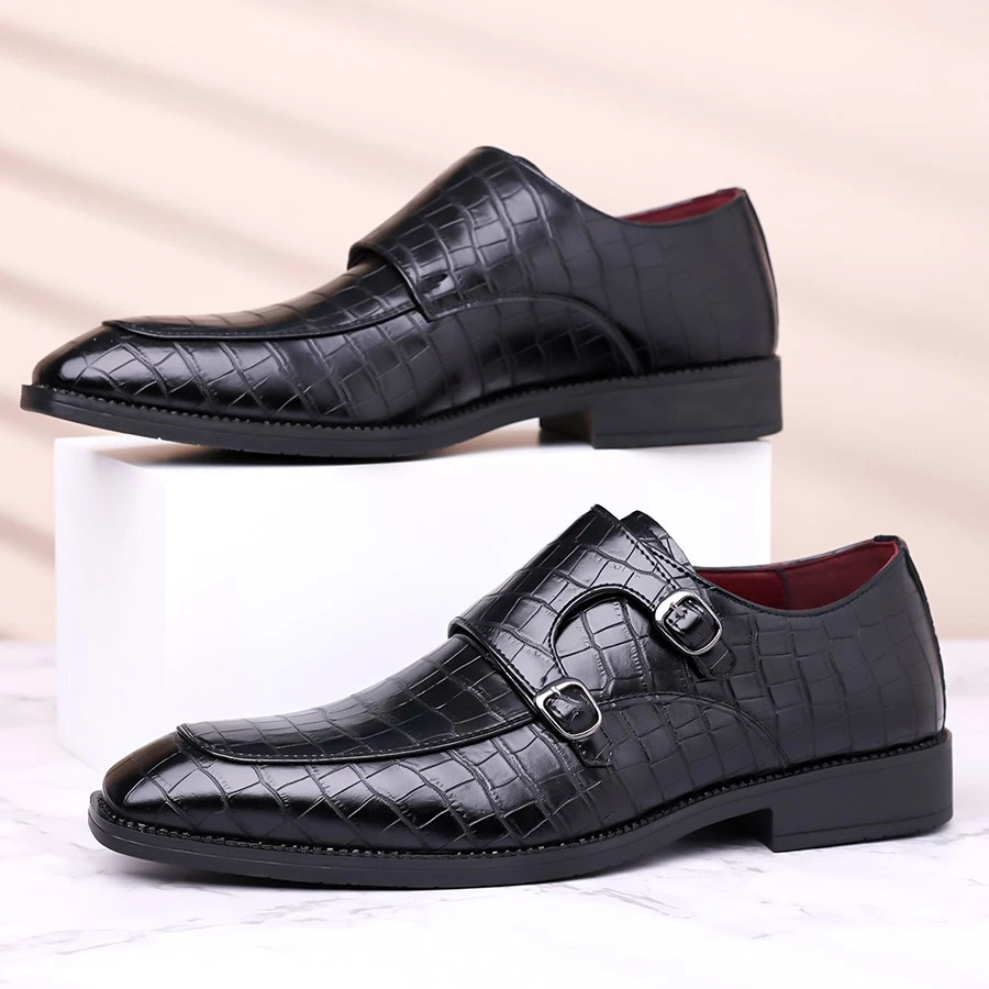 Men's Dress Shoes Monk Strap checkered Pointed Toe Business Loafers with Buckles - Image 2 of 4