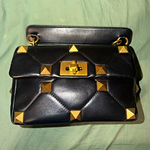 Valentino Black Roman Stud Studded medium top Handle Satchel Gold Hardware