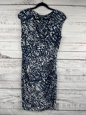 Lauren Ralph Lauren Dress Womens 12 Blue White Ruched Sheath Cap Sleeve Print