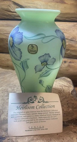 Fenton Sea Mist Green Iridized Floral Hand Painted Glass Vase Signed Very Rare