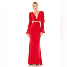 NWT LEENA for MAC DUGGAL 26727 red Cutout Waist Puff Sleeve maxi Dress size 8