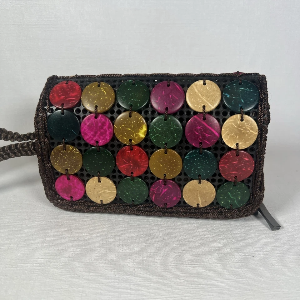 Crochet Multicolor Wooden Women’s Wallet Wristlet Barrel Shaped Zip Structured - Image 3 of 4