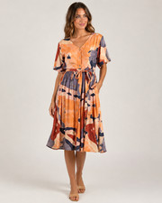 Vintage Abstract Rayon Dress Womens M Multicolor Belted Fit & Flare Midi